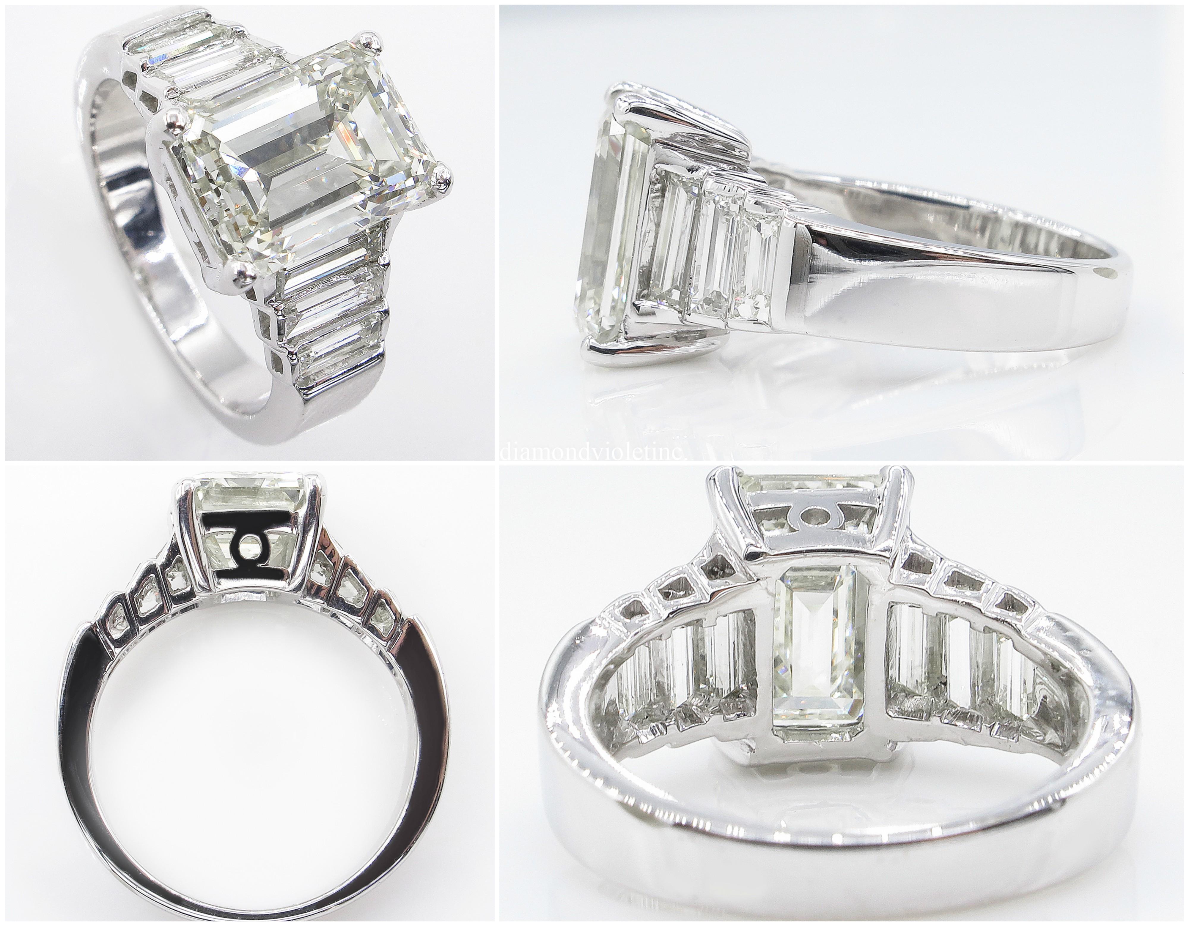 Women's or Men's 5.82 Carat Vintage Emerald Cut Diamond Engagement Wedding White Gold Ring