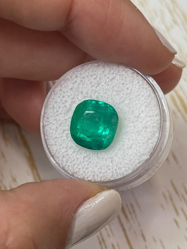 Modern 5.83 Carat 11x11 Green Colombian Emerald - Cushion Cut Genuine May Birthstone For Sale