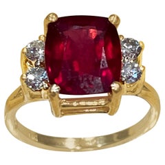 5.83 Carat Cushion Shape Treated Ruby & 0.40Ct Diamond 14 Karat Yellow Gold Ring