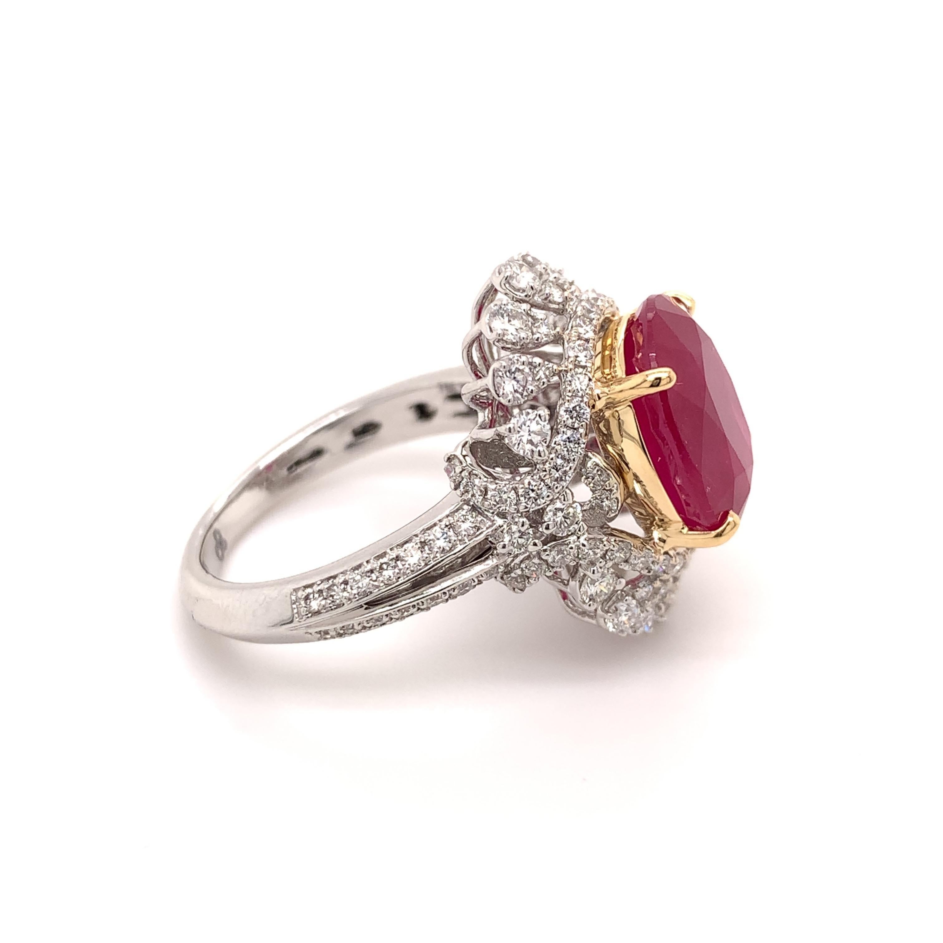 Magnificent ruby diamond cocktail ring. High brilliance, oval faceted, natural 5.83 carats ruby mounted in high profile open basket with four bead prongs, accented with round brilliant cut diamonds. Handcrafted masterpiece design set in high