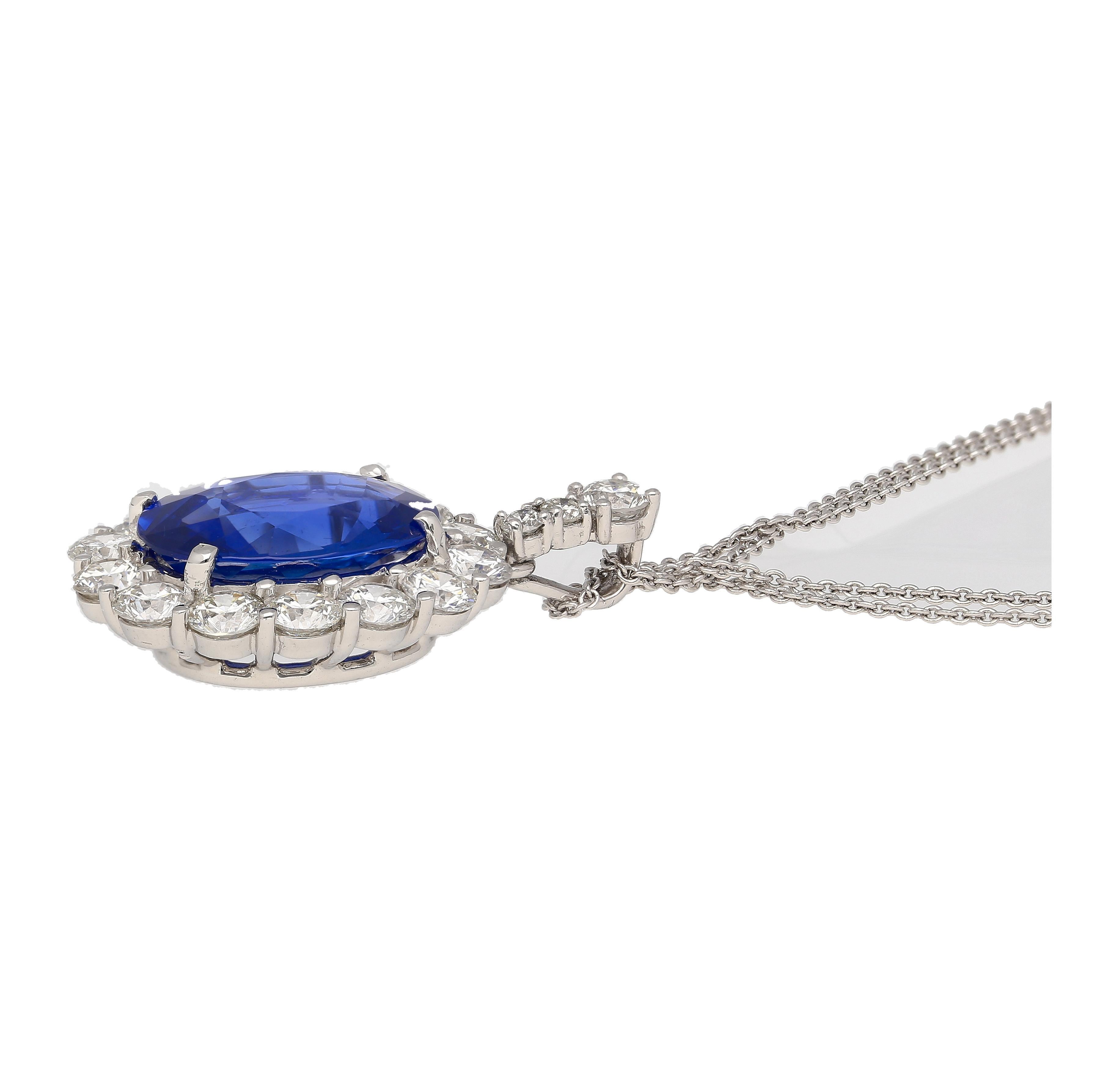 GRS Certified 5.83 Carat Oval Cut No Heat Sri Lanka Origin Blue Sapphire and Round Cut Diamond Halo Platinum Pendant Necklace.

Item Details:
 Item Type: Pendant Necklace 
 Metal Type: Platinum 900
 Weight 5.59 Grams
 Closure: Spring Ring 

Center