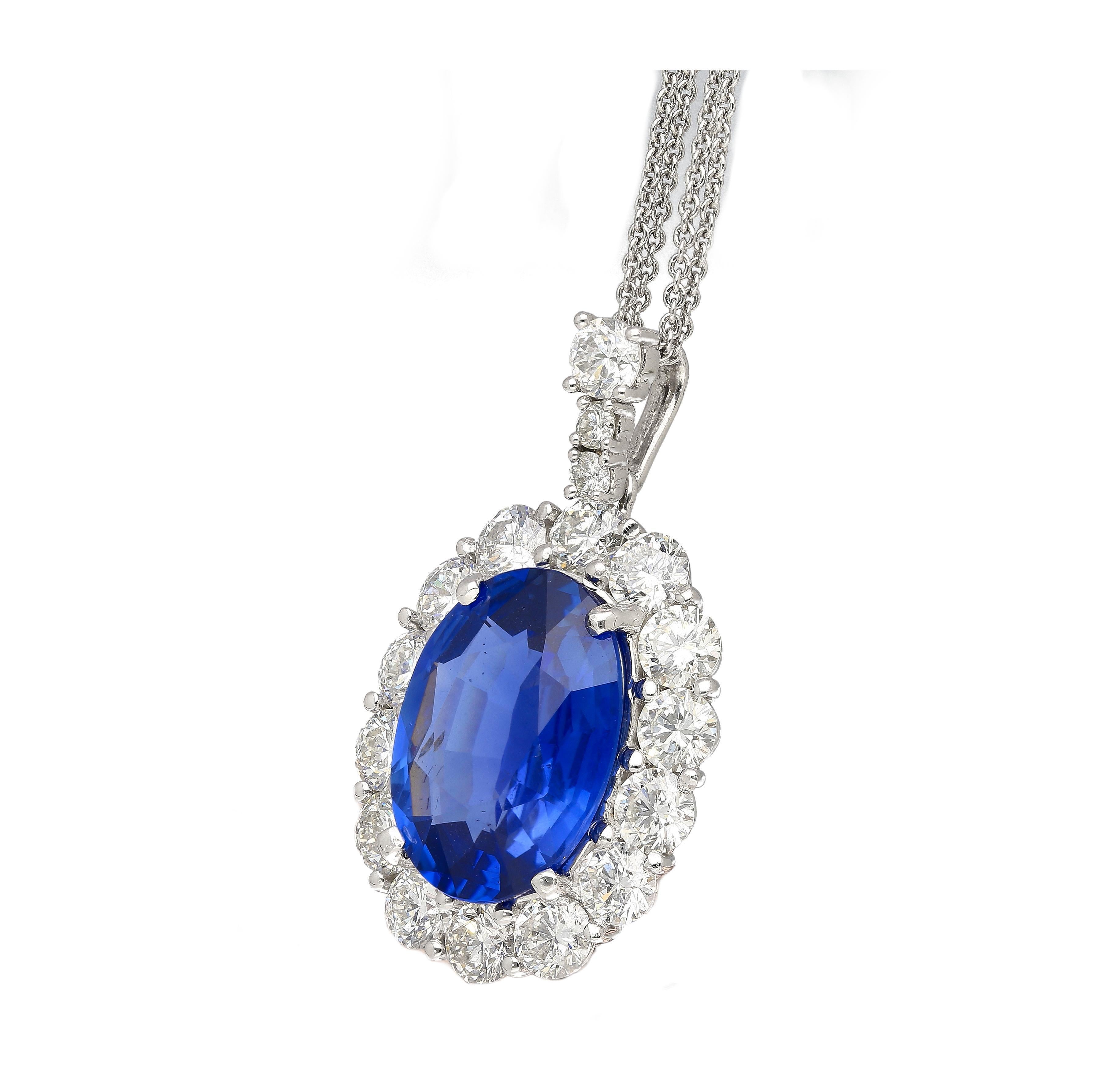 Modern 5.83 Carat Oval No Heat Blue Sapphire & Diamond Halo Platinum Pendant Necklace For Sale