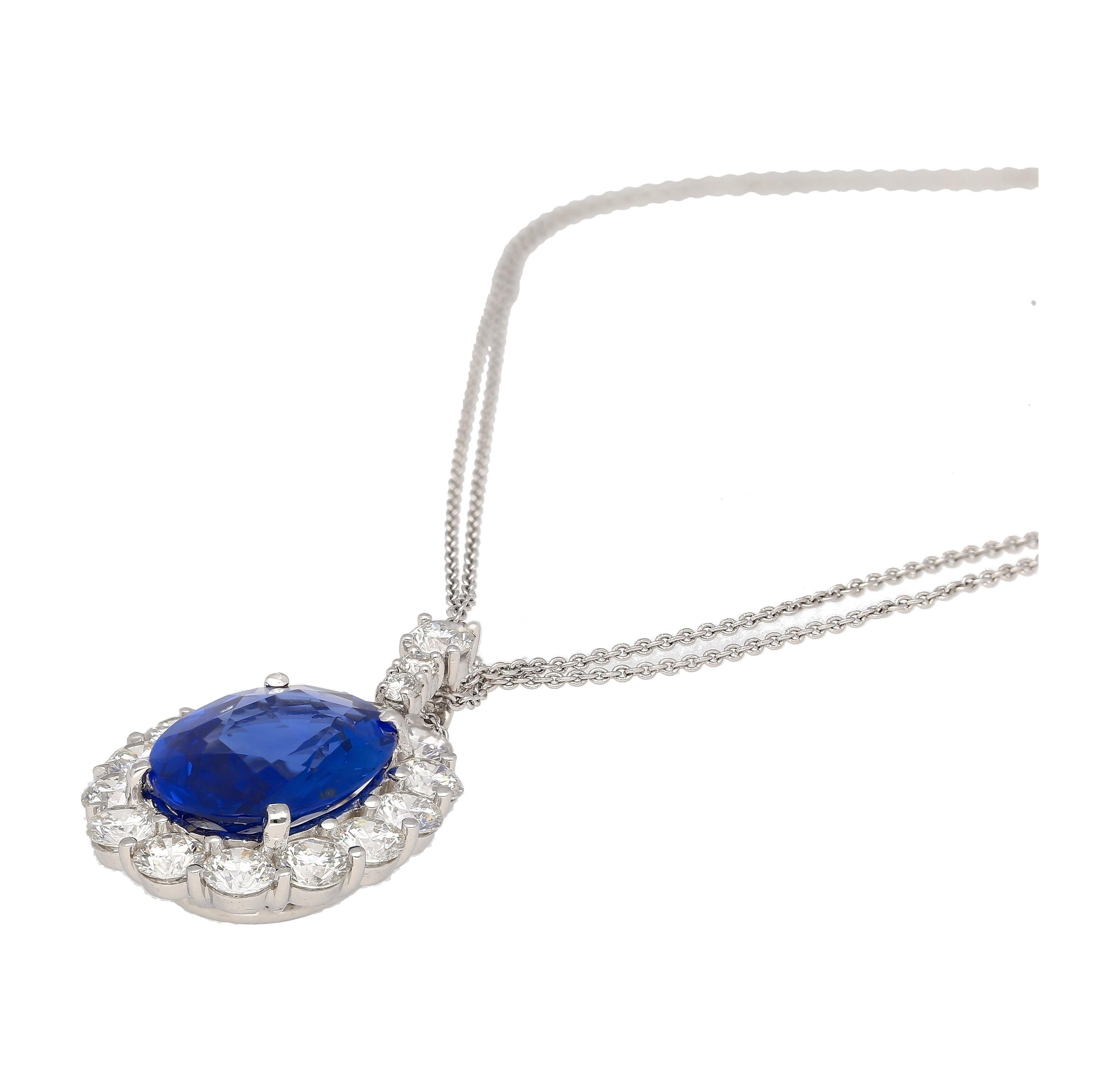 Oval Cut 5.83 Carat Oval No Heat Blue Sapphire & Diamond Halo Platinum Pendant Necklace For Sale