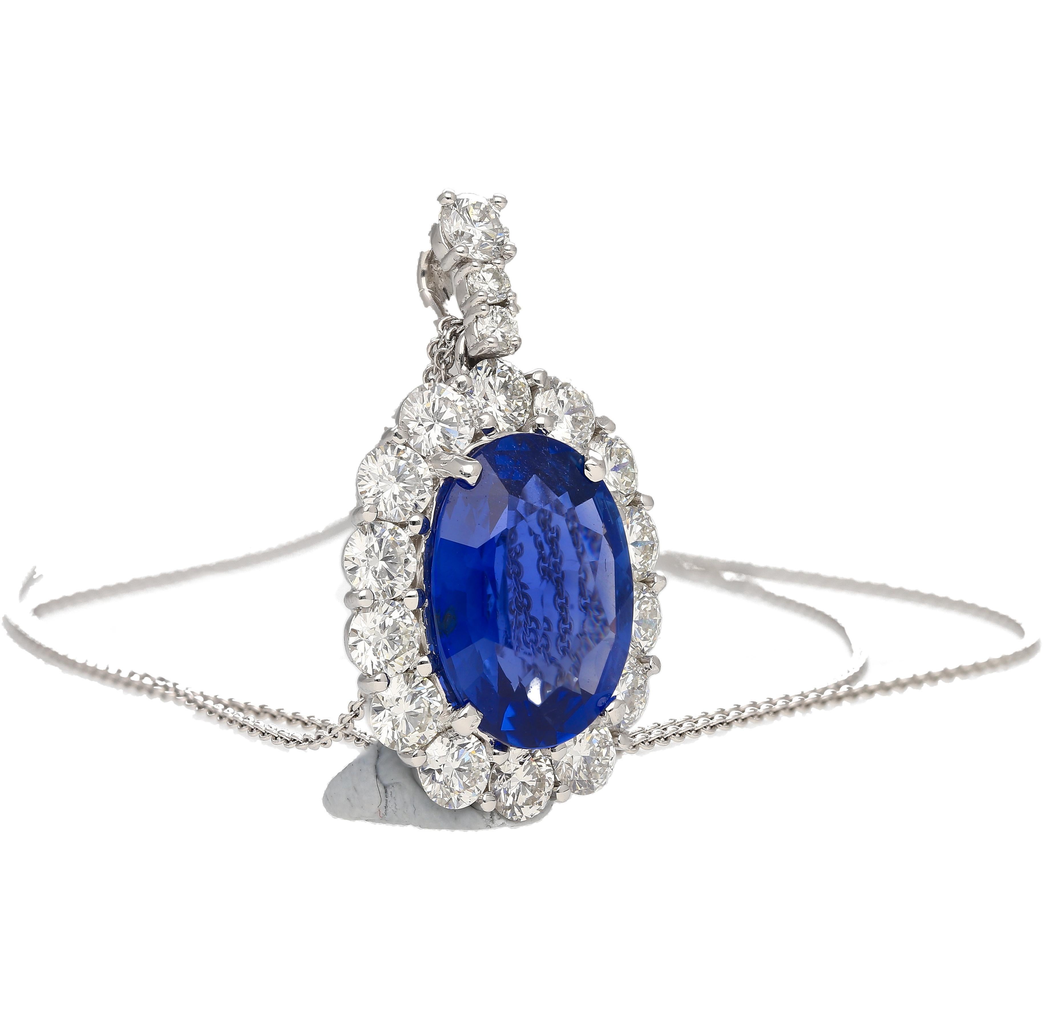 Women's 5.83 Carat Oval No Heat Sri Lanka Blue Sapphire & Diamond Pendant in Platinum For Sale