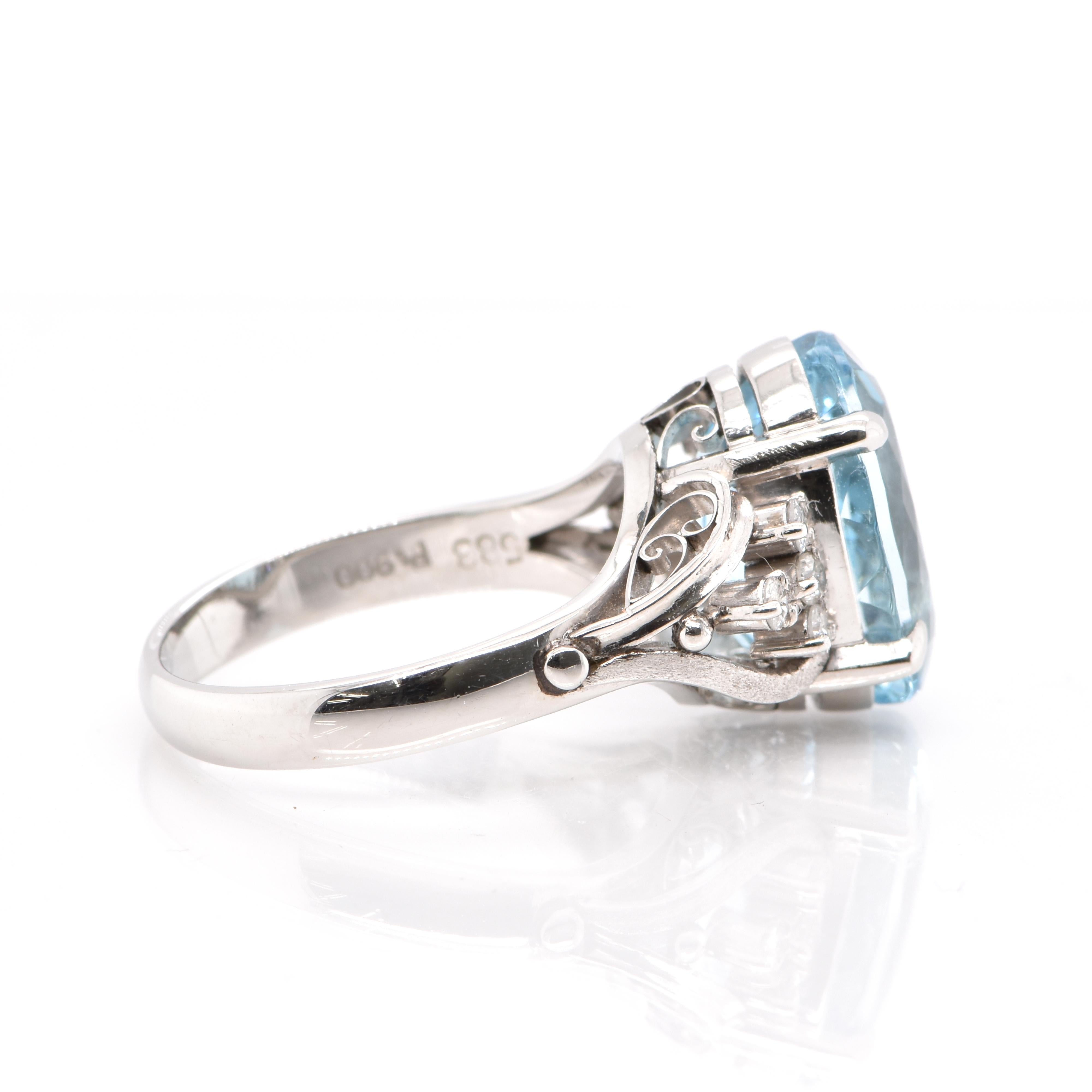 Modern 5.83 Carat, Santa-Maria Aquamarine and Diamond Cocktail Ring Set in Platinum