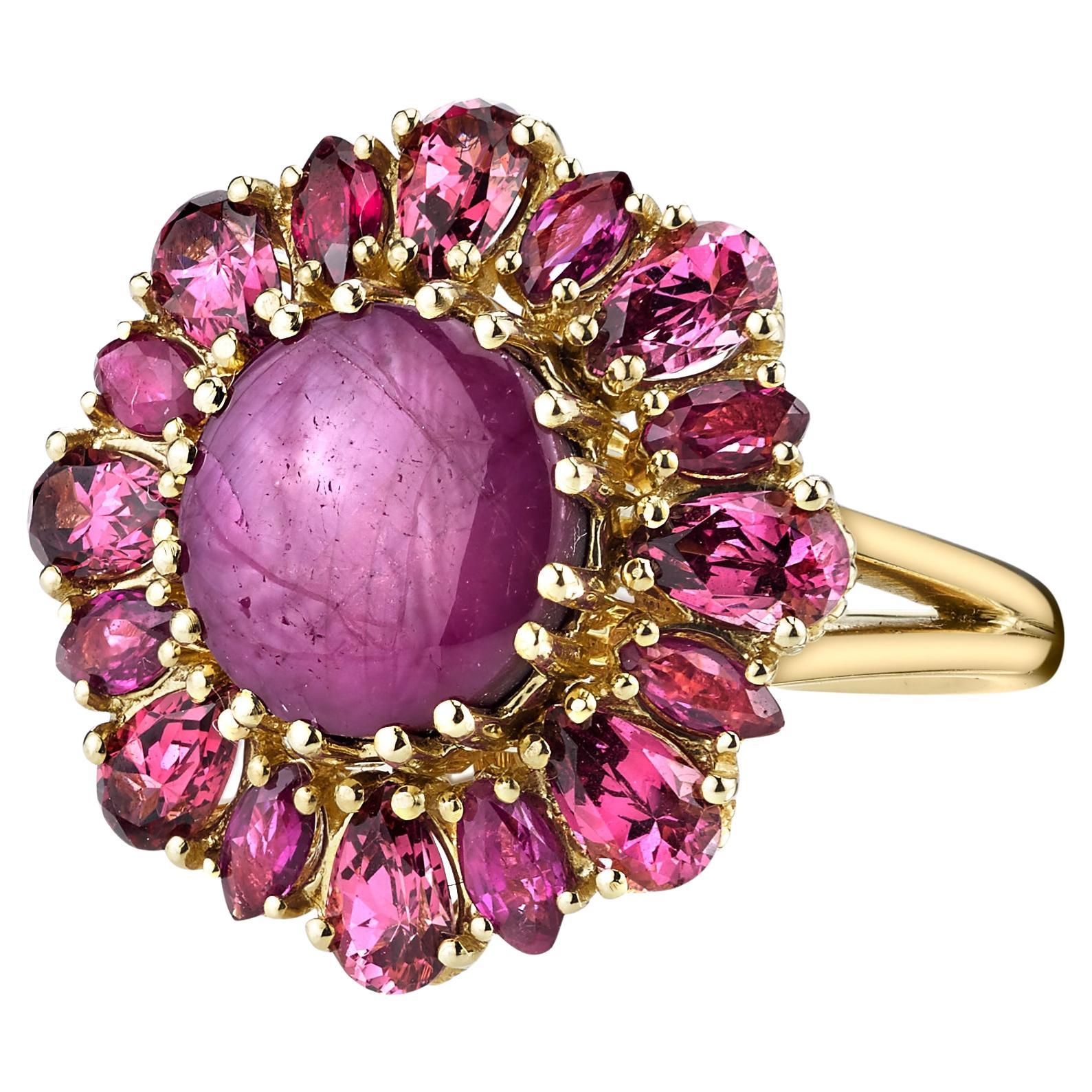 5.83 Carat Star Ruby and Pink Rose Garnet Starburst Cocktail Ring in Yellow Gold For Sale