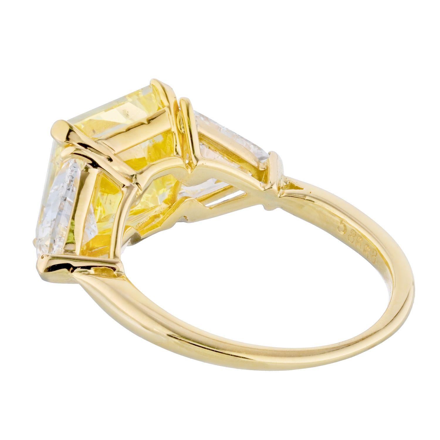 5.83 Ct Radiant Cut Platinum Fancy Yellow Three Stone Diamond Engagement Ring In New Condition For Sale In New York, NY