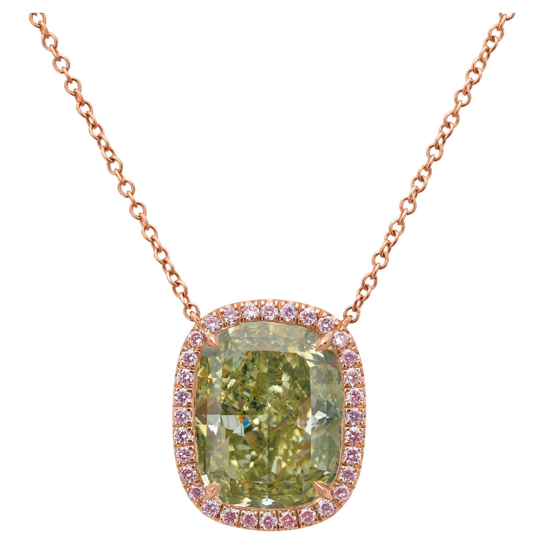 5.83ct Green Cushion Diamond in Pink Diamond Halo Pendant For Sale
