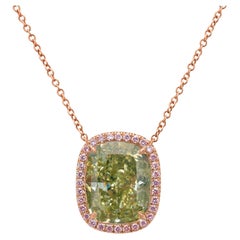 5.83ct Green Cushion Diamond in Pink Diamond Halo Pendant