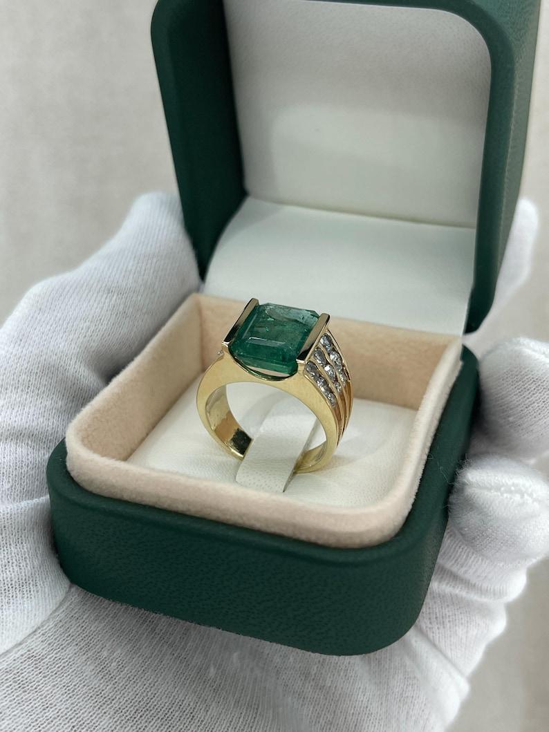 5.83tcw 14K Emerald Cut Emerald & Diamond Ring - Deep Green Tension Set Gold For Sale 5