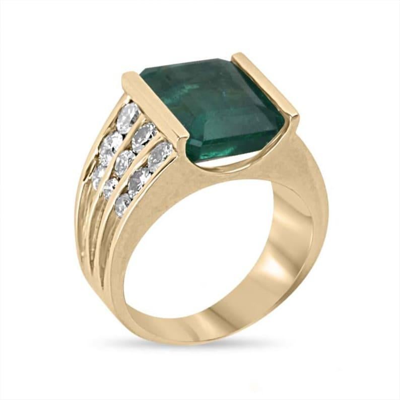 Our elegant ladies' emerald and diamond accent ring highlights a stunning 5.05-carat Zambian emerald in a dark green hue, set in a modern tension setting. The channel-set diamonds gracefully graduate in size, adding a touch of brilliance and