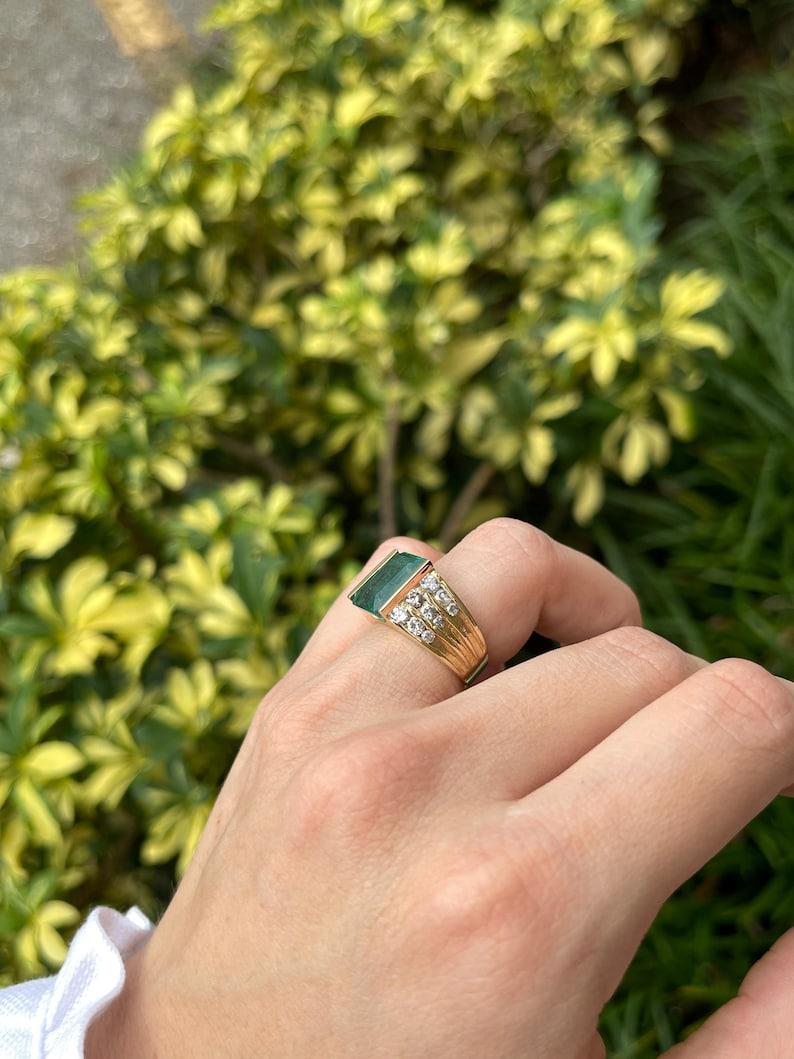 Women's 5.83tcw 14K Emerald Cut Emerald & Diamond Ring - Deep Green Tension Set Gold For Sale