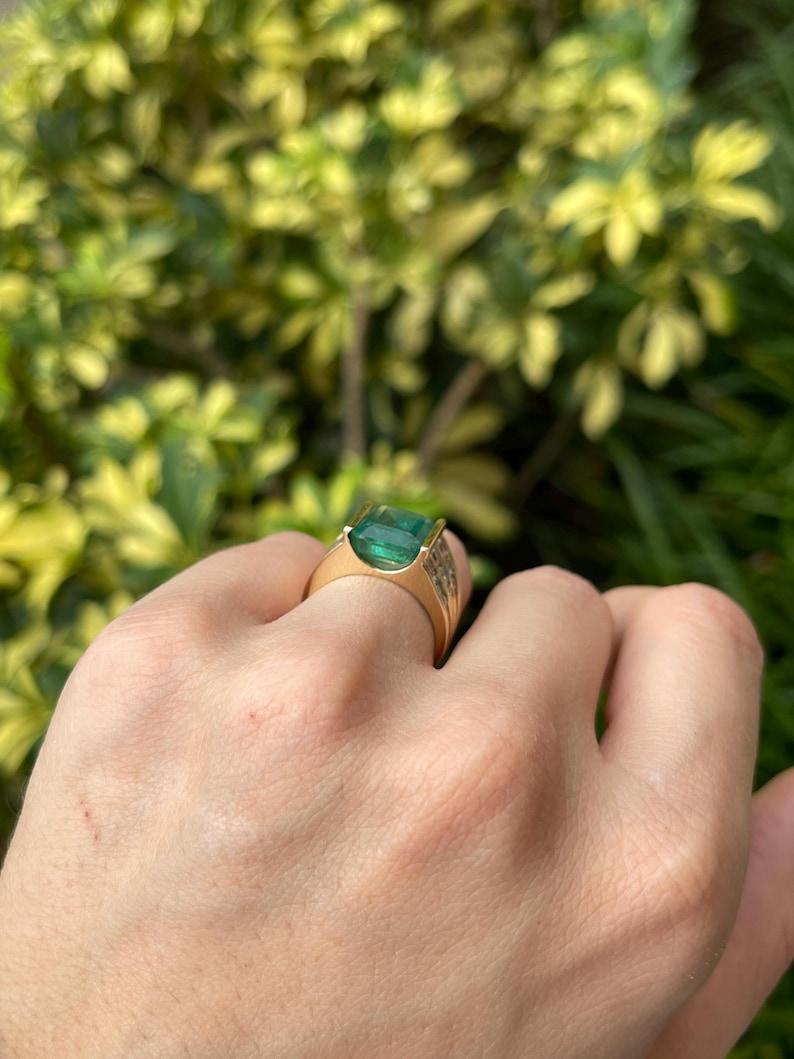 5.83tcw 14K Emerald Cut Emerald & Diamond Ring - Deep Green Tension Set Gold For Sale 1