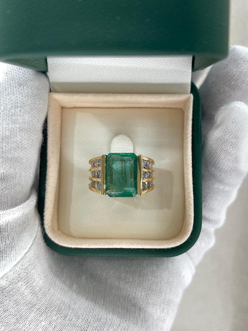 5.83tcw 14K Emerald Cut Emerald & Diamond Ring - Deep Green Tension Set Gold For Sale 2