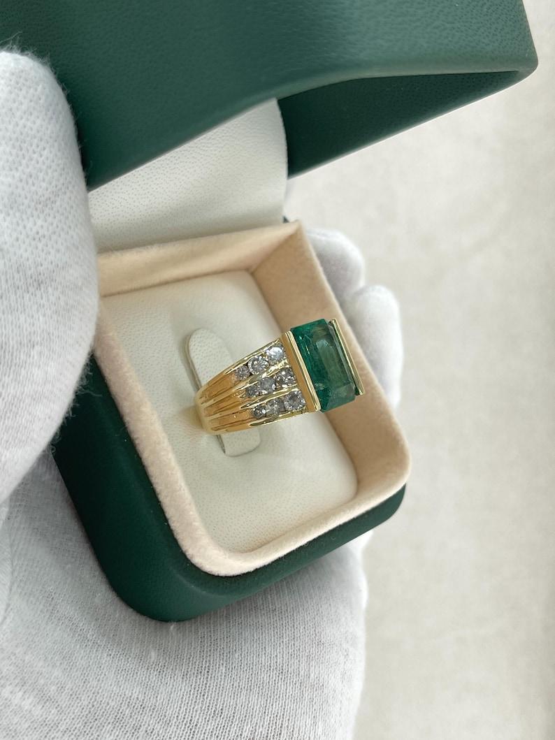 5.83tcw 14K Emerald Cut Emerald & Diamond Ring - Deep Green Tension Set Gold For Sale 3
