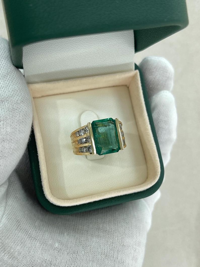 5.83tcw 14K Emerald Cut Emerald & Diamond Ring - Deep Green Tension Set Gold For Sale 4