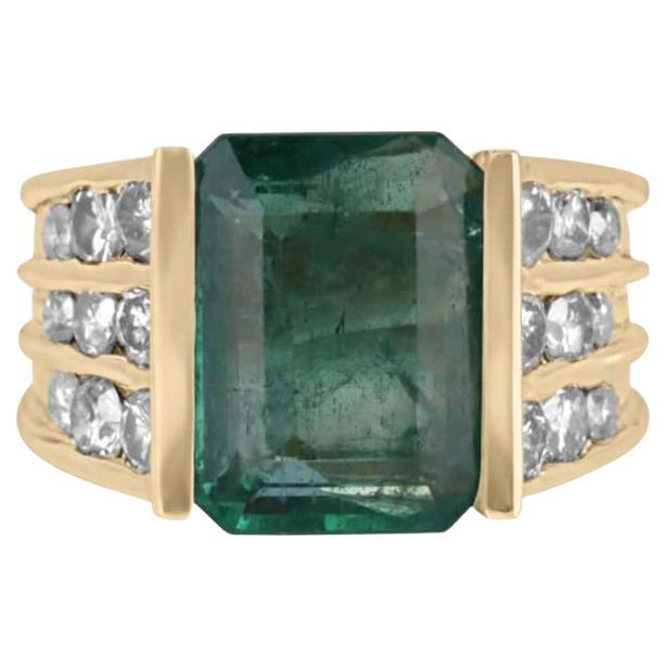 5.83tcw 14K Emerald Cut Emerald & Diamond Ring - Deep Green Tension Set Gold For Sale