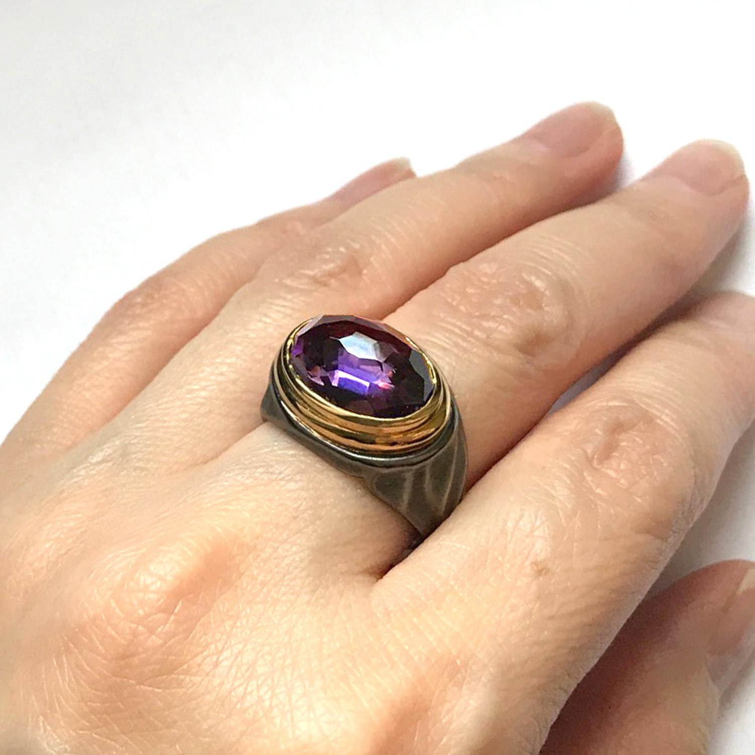 Cabochon 5.84 Carat Amethyst Cocktail Ring in 18 Karat Yellow Gold and Sterling Silver For Sale
