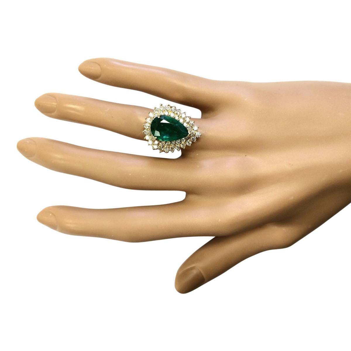 Pear Cut Emerald Diamond Ring In 14 Karat Yellow Gold  For Sale