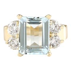 Natural Aquamarine Diamond Ring In 14 Karat Yellow Gold