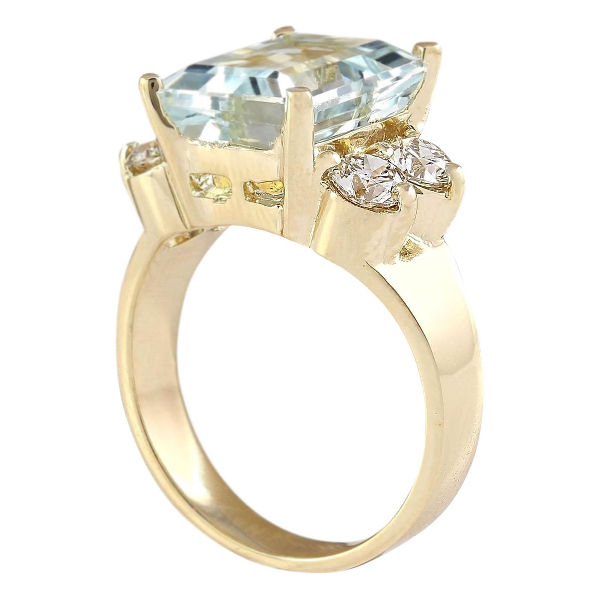 Emerald Cut Natural Aquamarine Diamond Ring In 14 Karat Yellow Gold  For Sale
