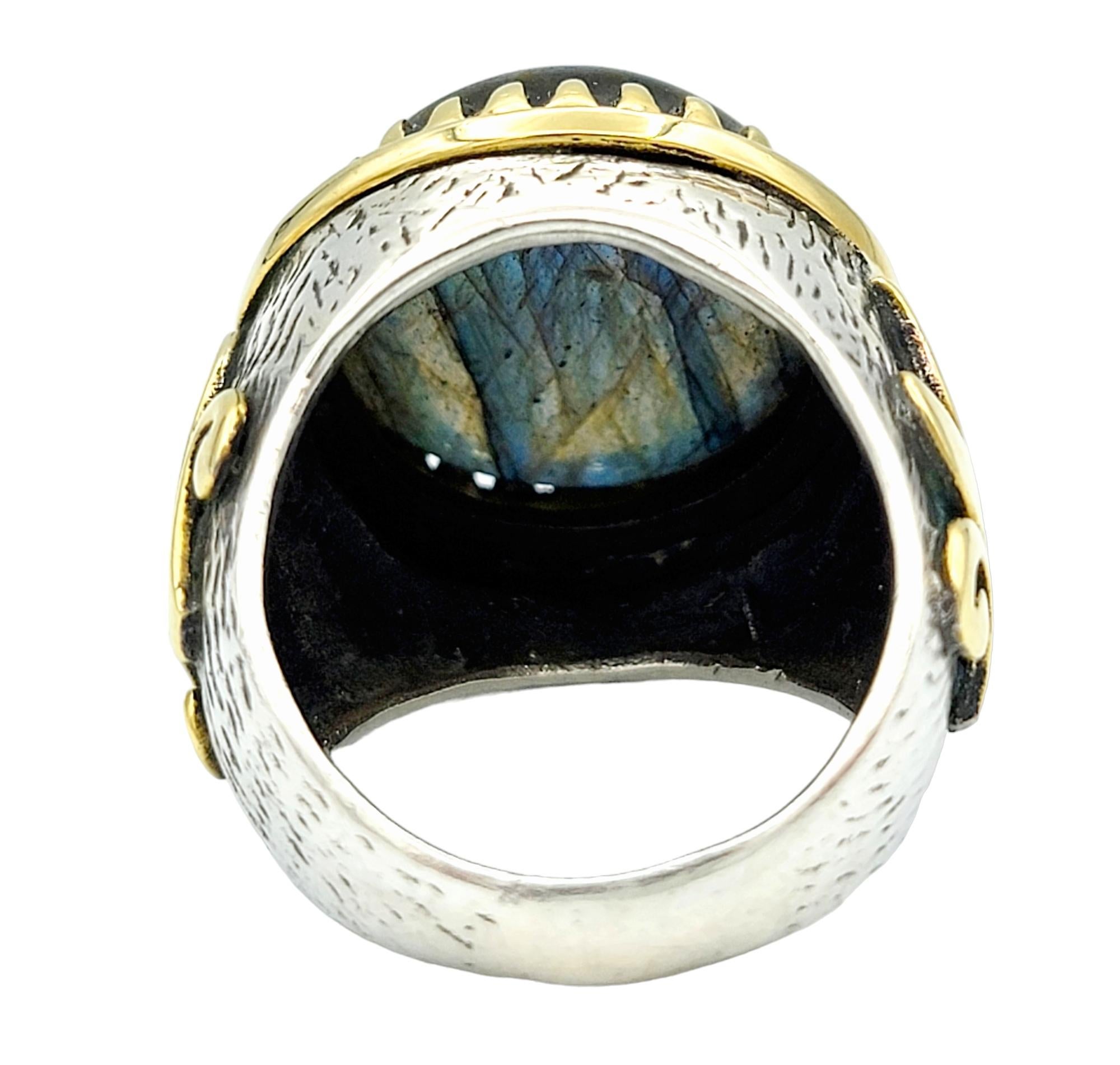 5.84 Carat Round Blue Labradorite Cabochon Cocktail Ring in Silver and Gold For Sale 2