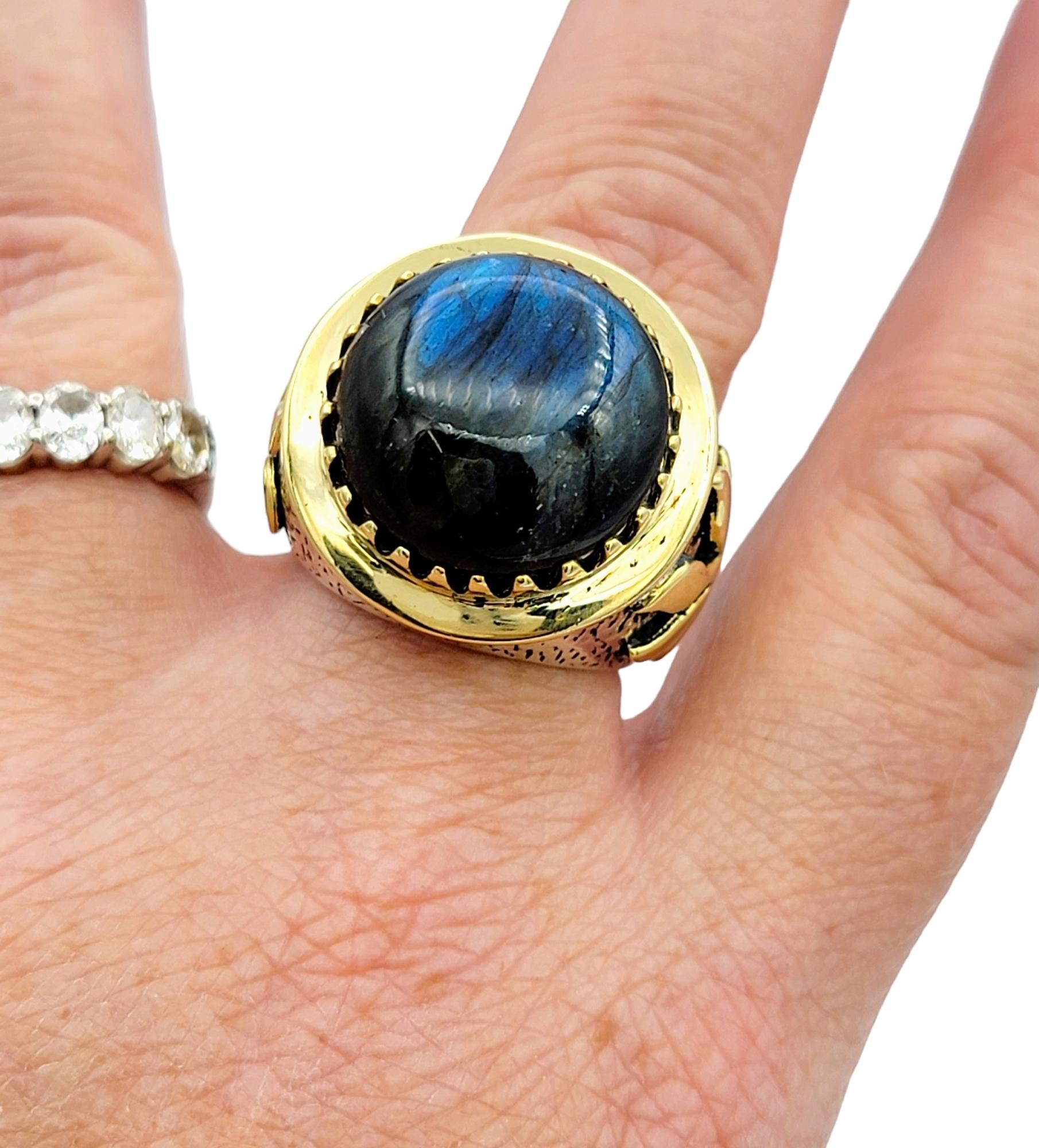 5.84 Carat Round Blue Labradorite Cabochon Cocktail Ring in Silver and Gold For Sale 4