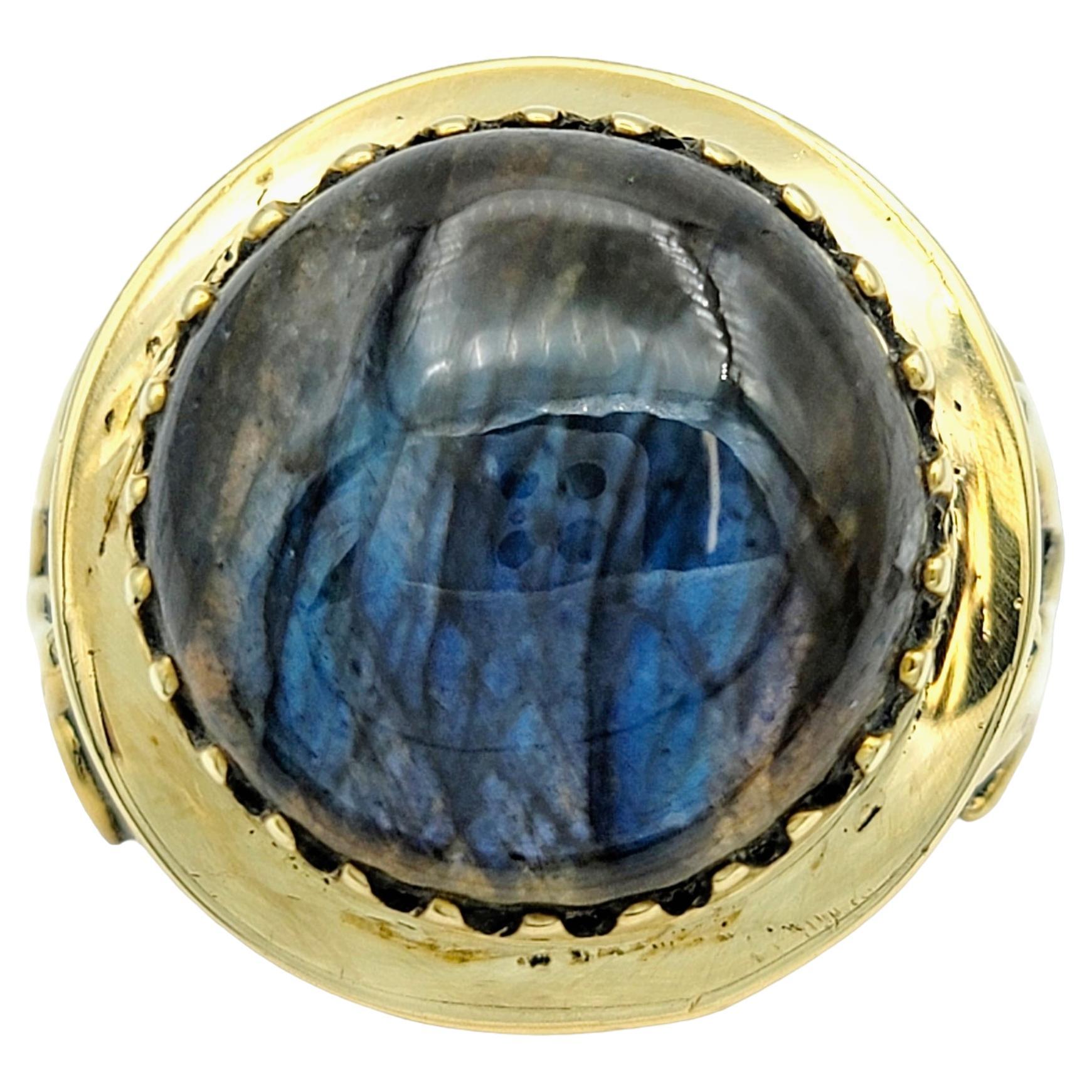 5.84 Carat Round Blue Labradorite Cabochon Cocktail Ring in Silver and Gold For Sale