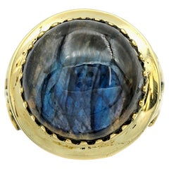 5.84 Carat Round Blue Labradorite Cabochon Cocktail Ring in Silver and Gold