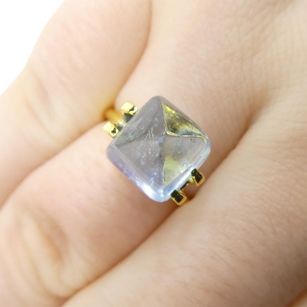 Description:

Gem Type: Aquamarine 
Number of Stones: 1
Weight: 5.84 cts
Measurements: 9.10 x 8.85 x 8.46 mm
Shape: Square Sugarloaf Cabochon
Cutting Style Crown: 
Cutting Style Pavilion:  
Transparency: Transparent
Clarity: Slightly Included: Some