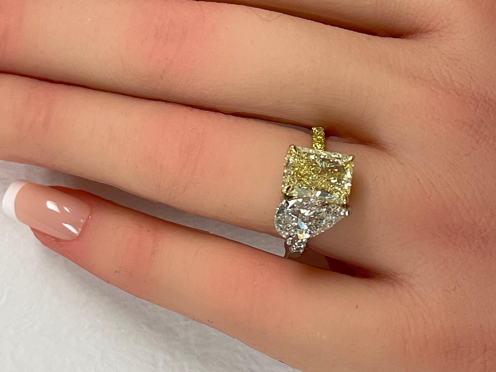 5.84CTW Toi et Moi Hidden Halo Yellow Radiant & Pear Diamond Ring in 18KY & Plat For Sale 5