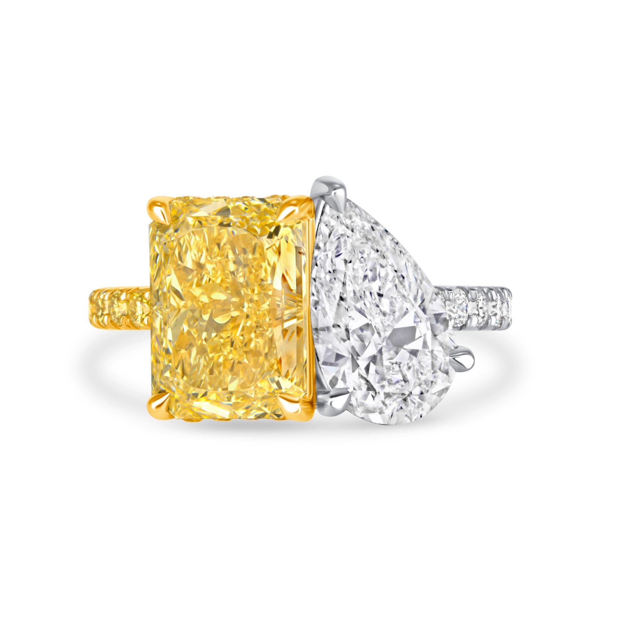 Radiant Cut 5.84CTW Toi et Moi Hidden Halo Yellow Radiant & Pear Diamond Ring in 18KY & Plat For Sale