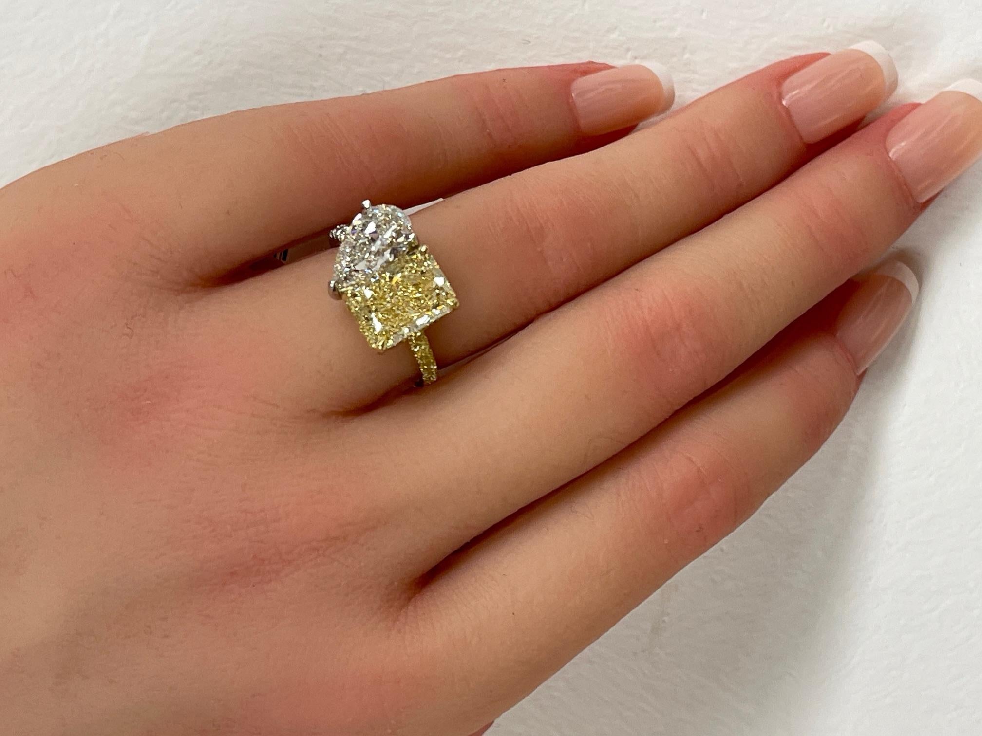 5.84CTW Toi et Moi Hidden Halo Yellow Radiant & Pear Diamond Ring in 18KY & Plat For Sale 2