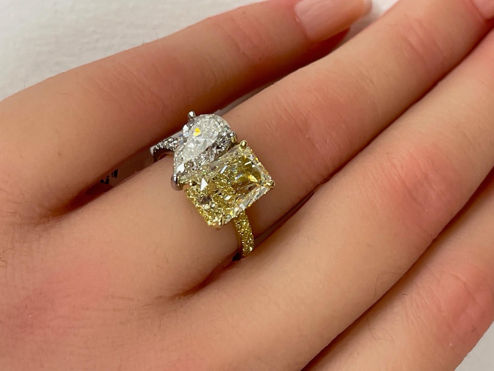 5.84CTW Toi et Moi Hidden Halo Yellow Radiant & Pear Diamond Ring in 18KY & Plat For Sale 3