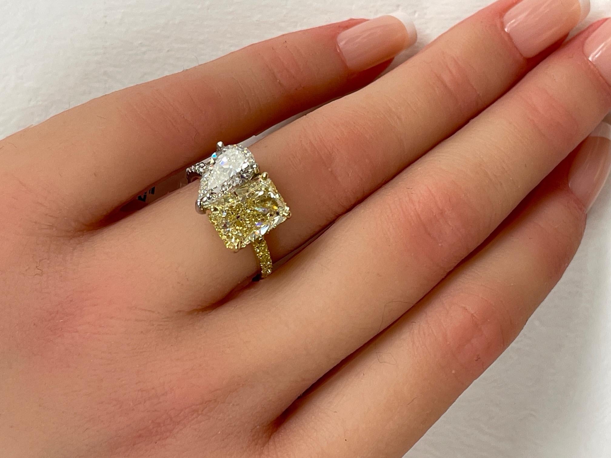 5.84CTW Toi et Moi Hidden Halo Yellow Radiant & Pear Diamond Ring in 18KY & Plat For Sale 4