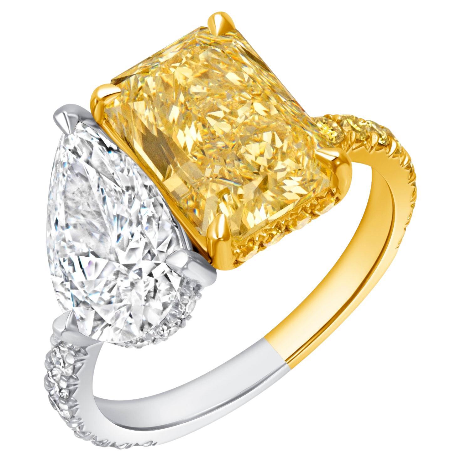 5.84CTW Toi et Moi Hidden Halo Yellow Radiant & Pear Diamond Ring in 18KY & Plat