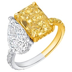 5.84CTW Toi et Moi Hidden Halo Yellow Radiant & Pear Diamond Ring in 18KY & Plat
