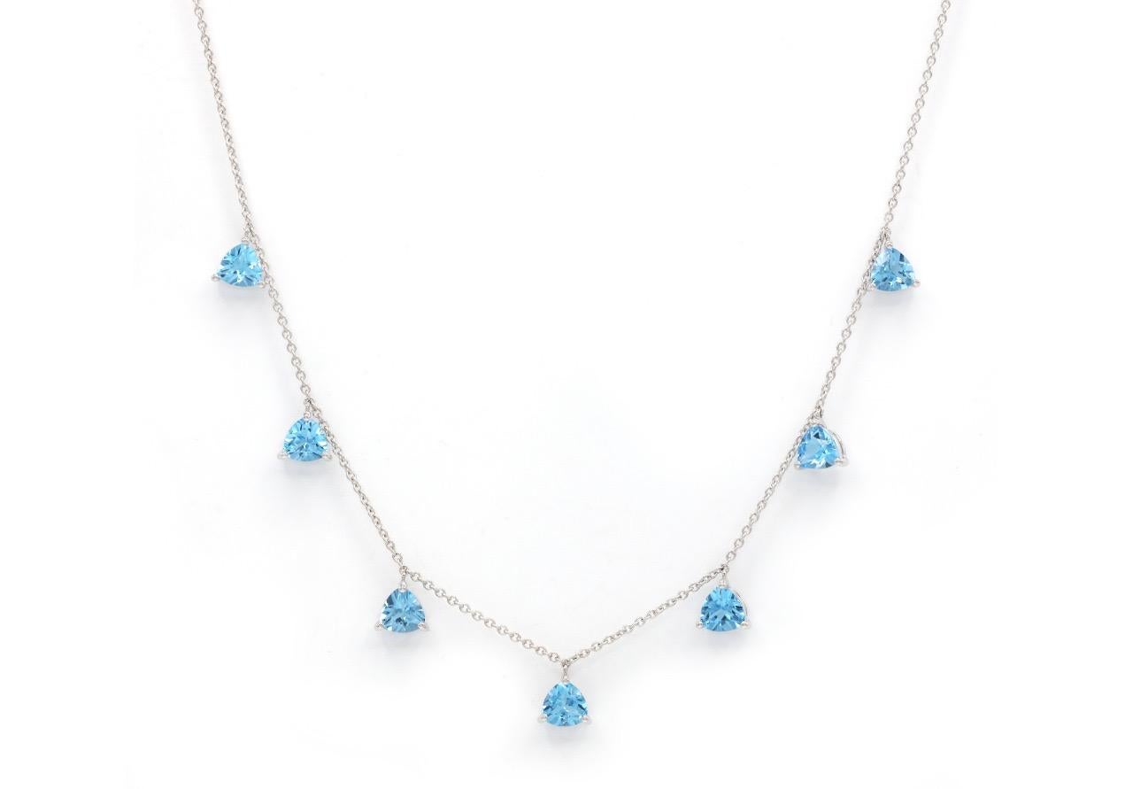Trillion Cut 5.85 Carat Blue Topaz 18 Karat White Gold Necklace For Sale