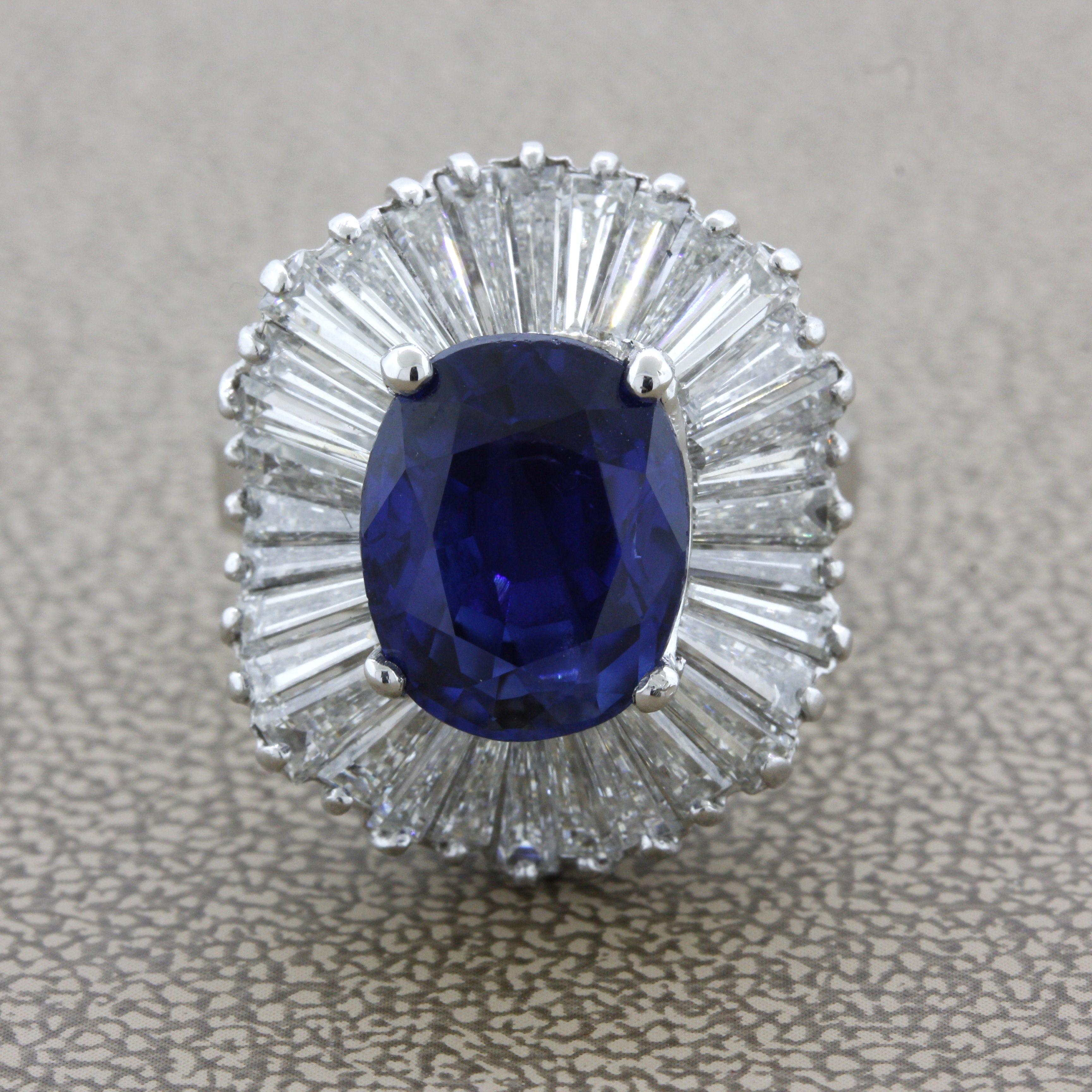 A rare treasure from the gem mines of Burma, known for producing the finest blue sapphires. This stone weighs an impressive 5.85 carats and has a rich, satiny blue color with a hint of purple making the color intense. Adding to that, the sapphire is