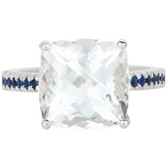 5.85 Carat Cushion Goshanite and Blue Sapphire Ring 14 Karat White Gold