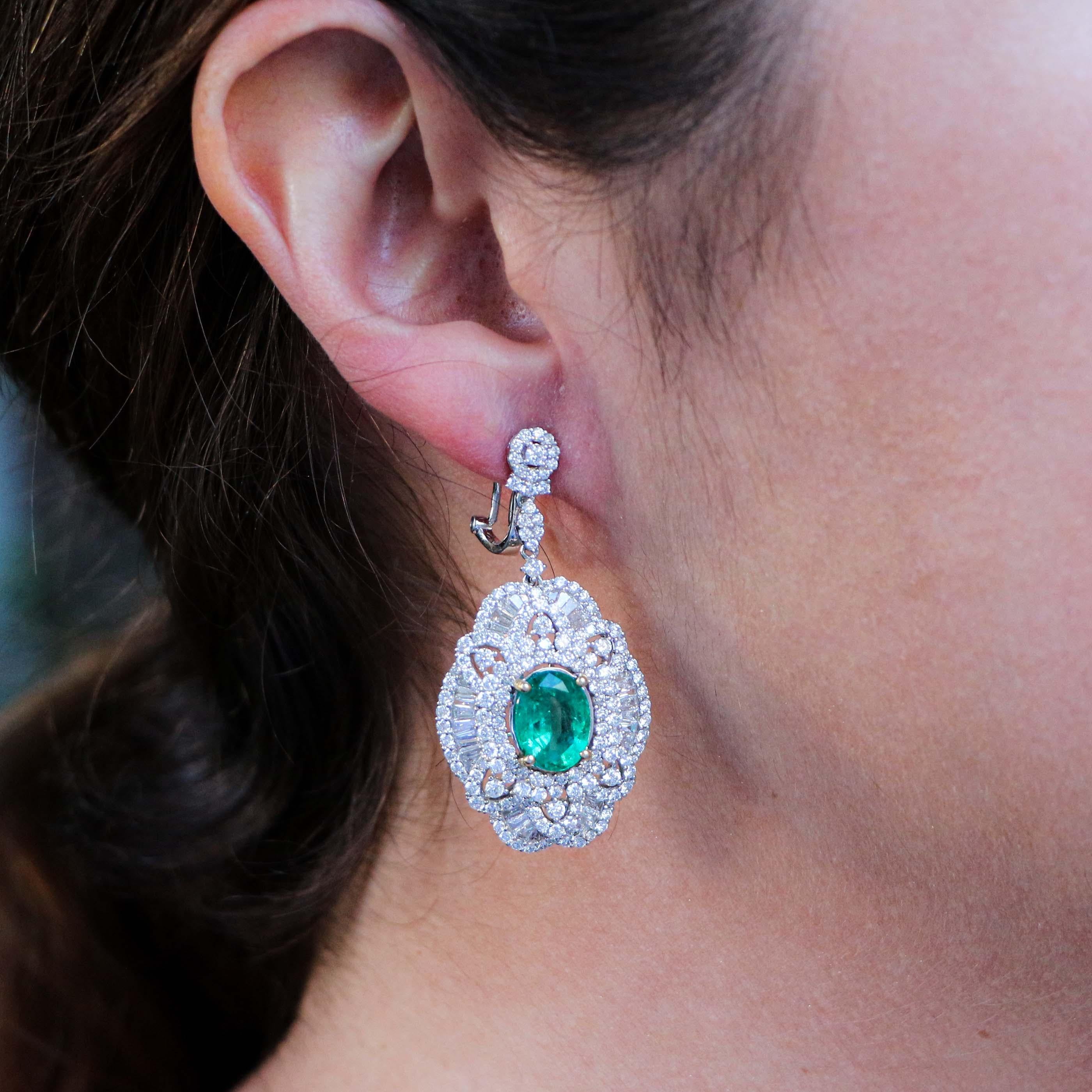 Oval Cut 5.85 Carat Emerald and Diamond Dangle Earrings