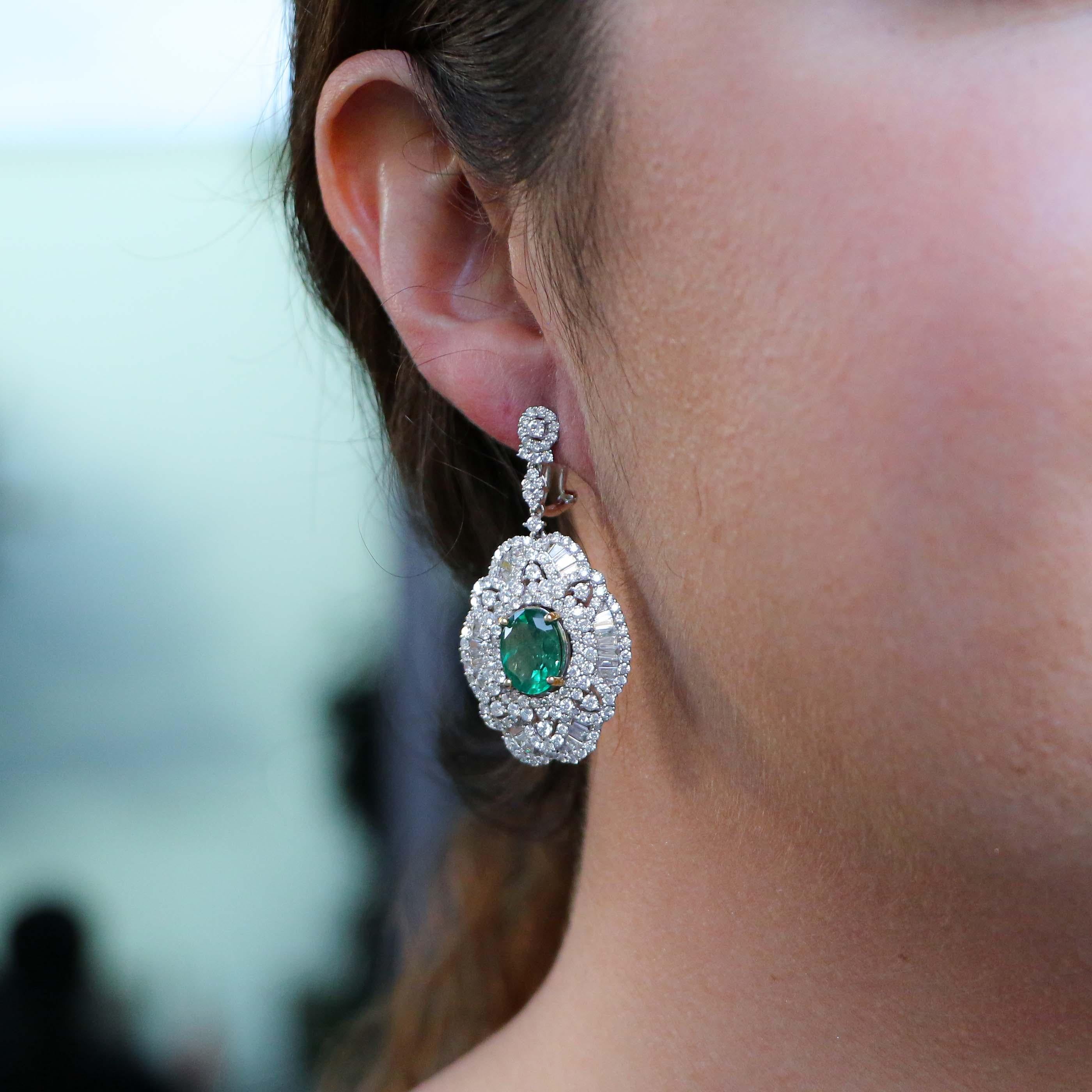 5.85 Carat Emerald and Diamond Dangle Earrings In Good Condition In Carlsbad, CA