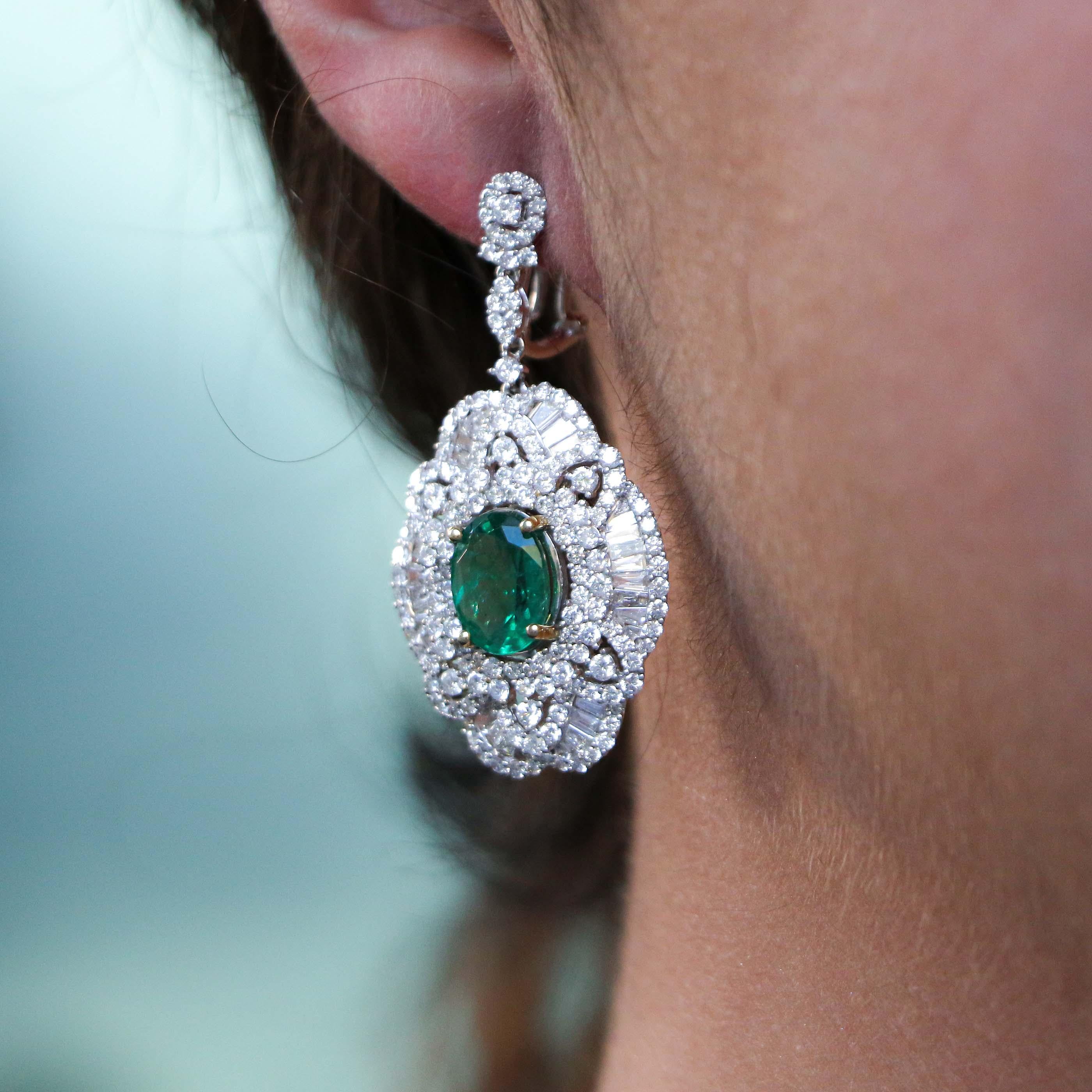 Women's 5.85 Carat Emerald and Diamond Dangle Earrings