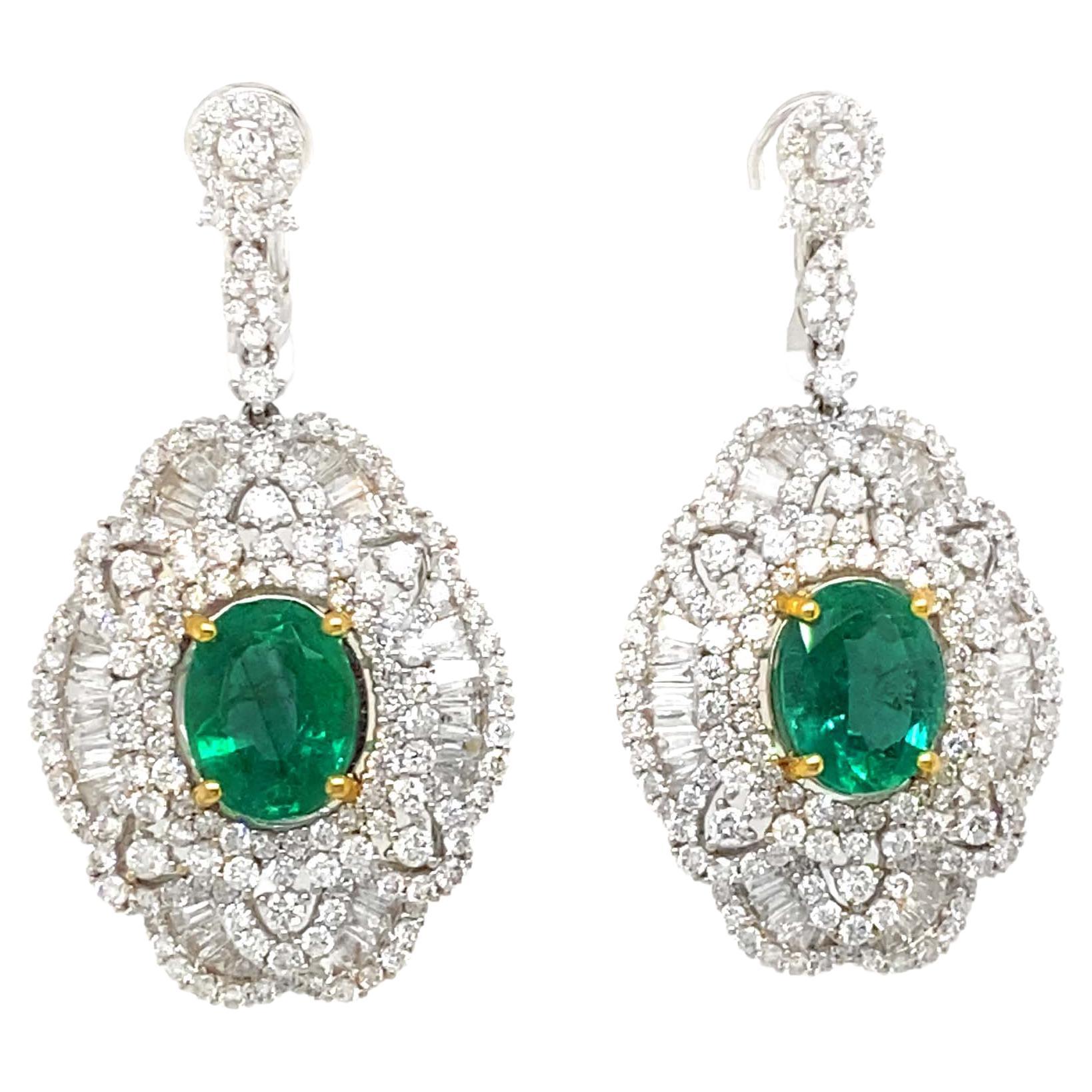 5.85 Carat Emerald and Diamond Dangle Earrings