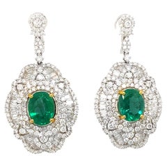 5.85 Carat Emerald and Diamond Dangle Earrings