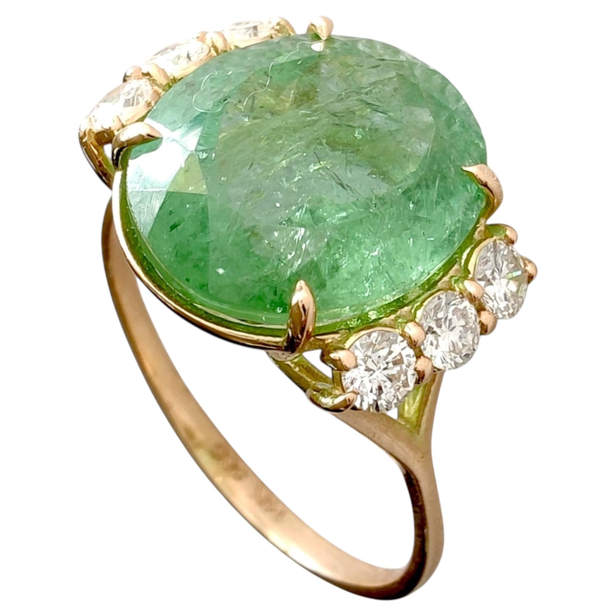 5.85 Carat Green Tourmaline and Diamond 14k Yellow Gold Cocktail Ring