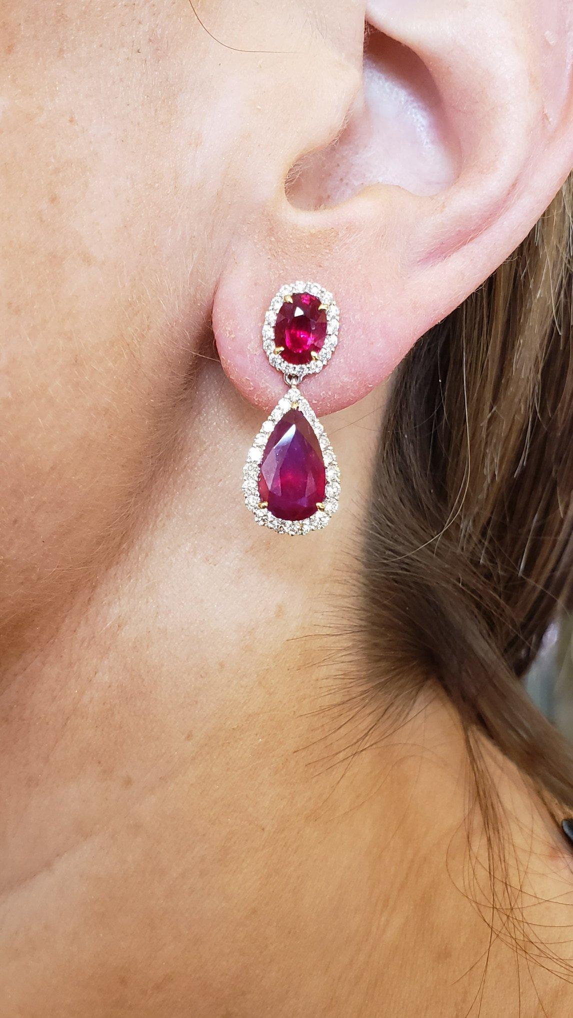 Contemporary 5.85 Carat Ruby and Diamond Drop Earrings in 18KT White Gold For Sale