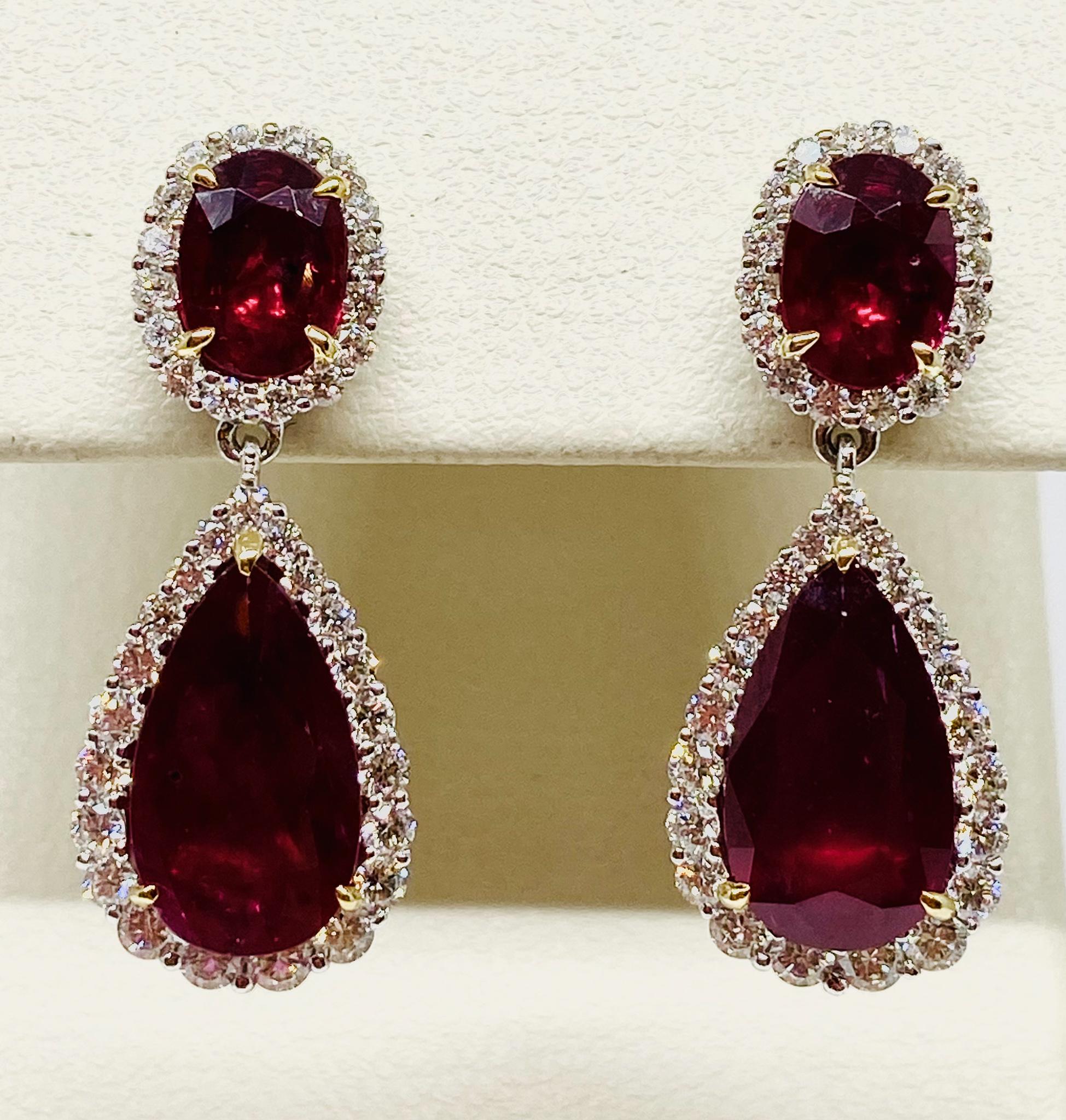 Pear Cut 5.85 Carat Ruby and Diamond Drop Earrings in 18KT White Gold For Sale