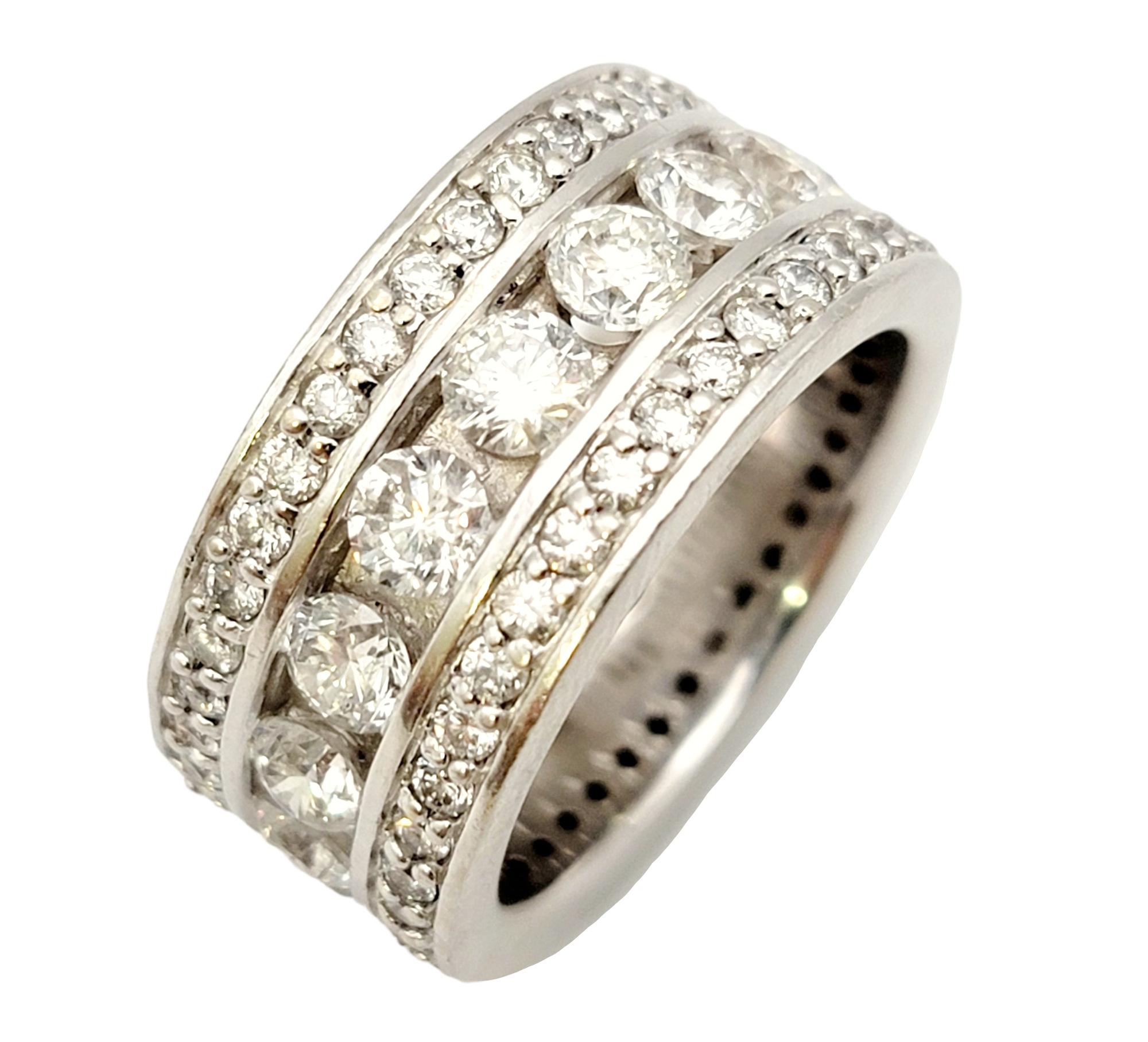 Contemporary 5.85 Carat Total Three Row Round Brilliant Diamond White Gold Eternity Band Ring For Sale