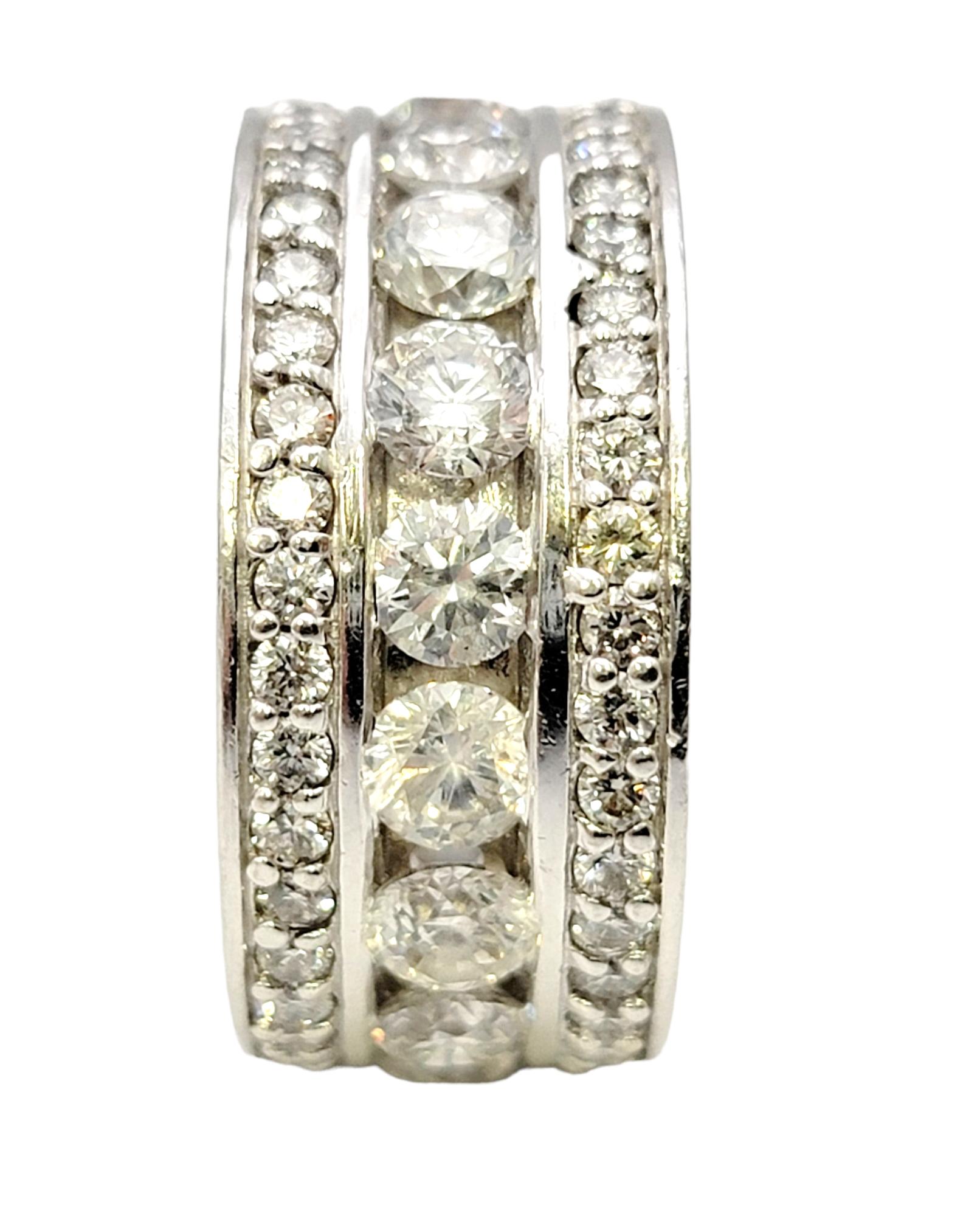Round Cut 5.85 Carat Total Three Row Round Brilliant Diamond White Gold Eternity Band Ring For Sale